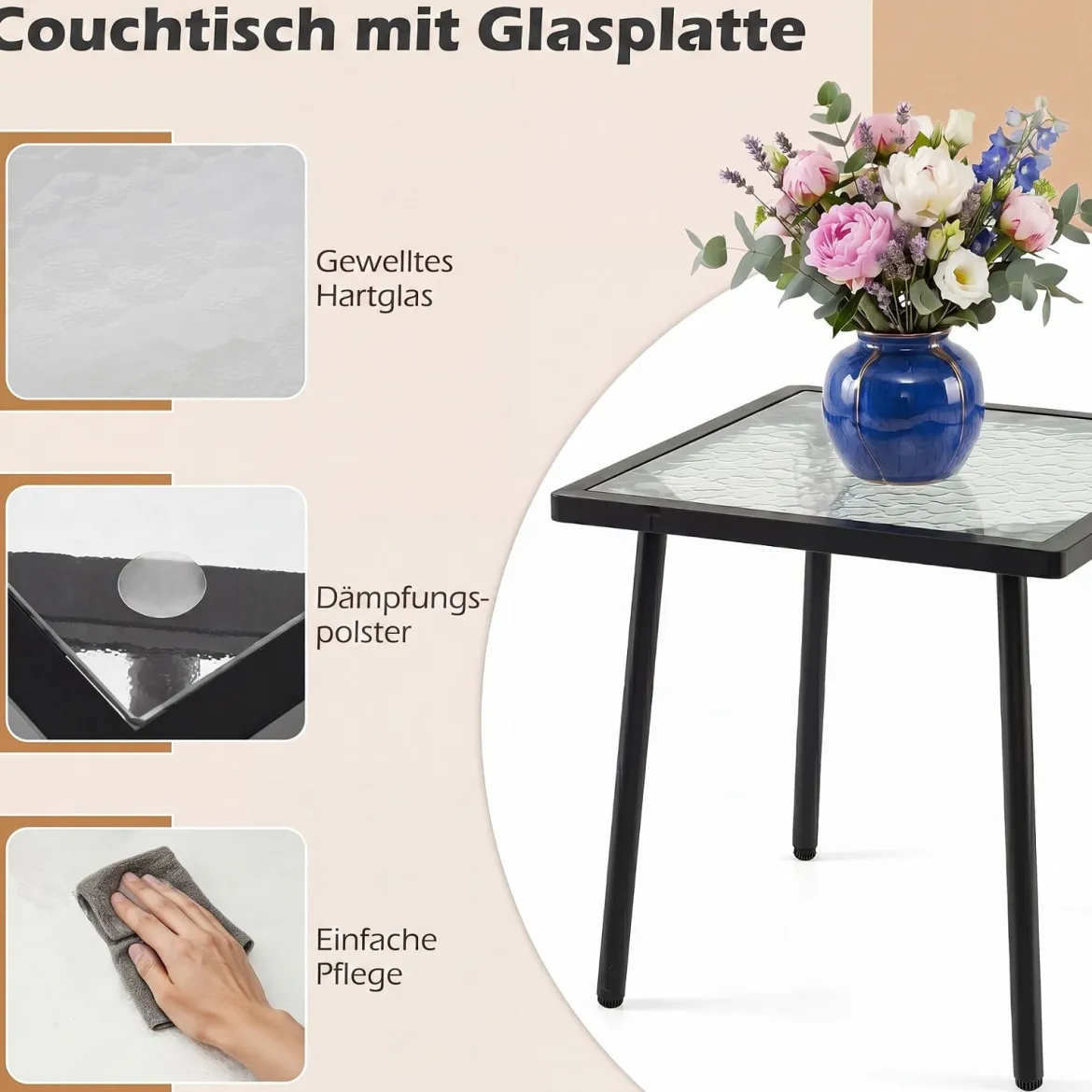 3-teiliges Gartenmöbel Set Balkonmöbel mit 2 Stühlen aus Metallrahmen & Tisch mit Glasplatte Grau