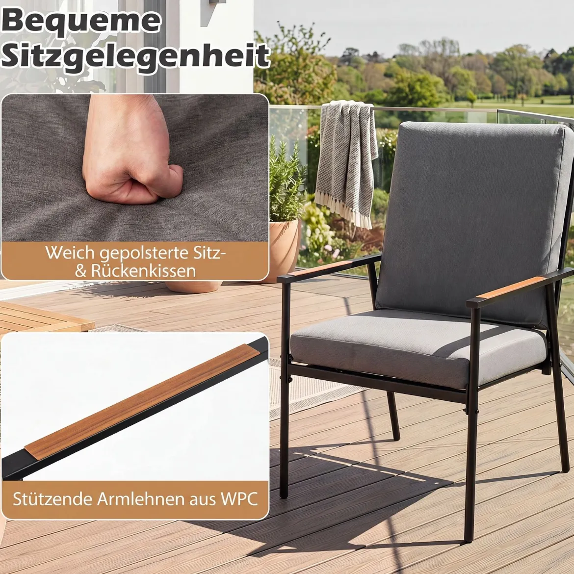 3-teiliges Gartenmöbel Set Balkonmöbel mit 2 Stühlen aus Metallrahmen & Tisch mit Glasplatte Grau