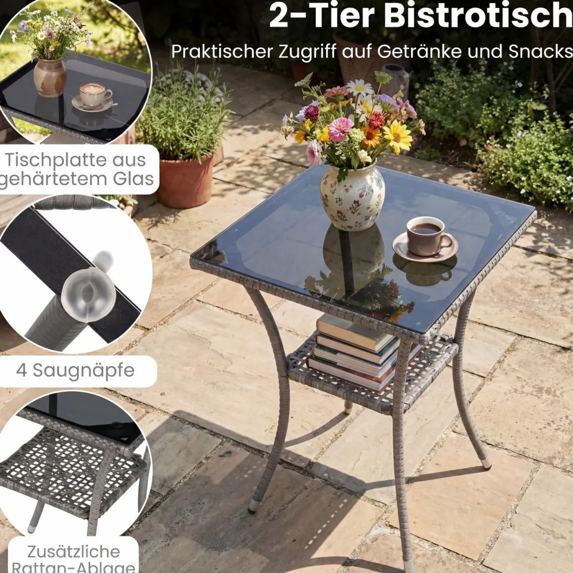 3-teiliges Gartenmöbel Set Balkon Set inkl. 2 Rattanstühle mit doppellagigem Tisch aus gehärtetem Glas Grau