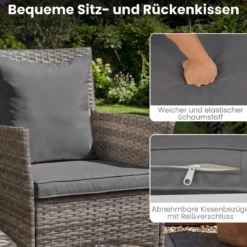3-teiliges Gartenmöbel Set Balkon Set inkl. 2 Rattanstühle mit doppellagigem Tisch aus gehärtetem Glas Grau