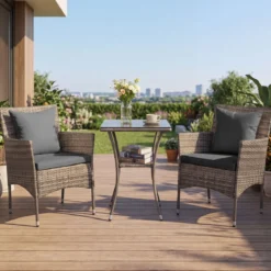 3-teiliges Gartenmöbel Set Balkon Set inkl. 2 Rattanstühle mit doppellagigem Tisch aus gehärtetem Glas Grau
