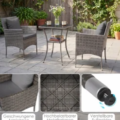 3-teiliges Gartenmöbel Set Balkon Set inkl. 2 Rattanstühle mit doppellagigem Tisch aus gehärtetem Glas Grau