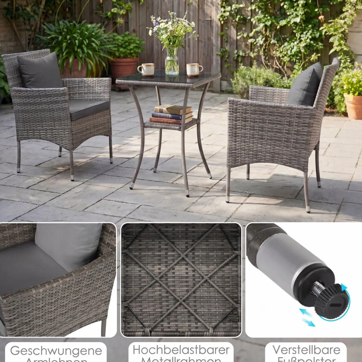 3-teiliges Gartenmöbel Set Balkon Set inkl. 2 Rattanstühle mit doppellagigem Tisch aus gehärtetem Glas Grau