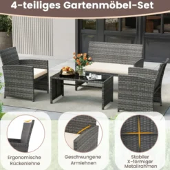 4-teiliges Gartenmöbel Set Gesprächsset inkl. Rattanstuhl Loveseat & Tisch Balkonmöbel Set Beige