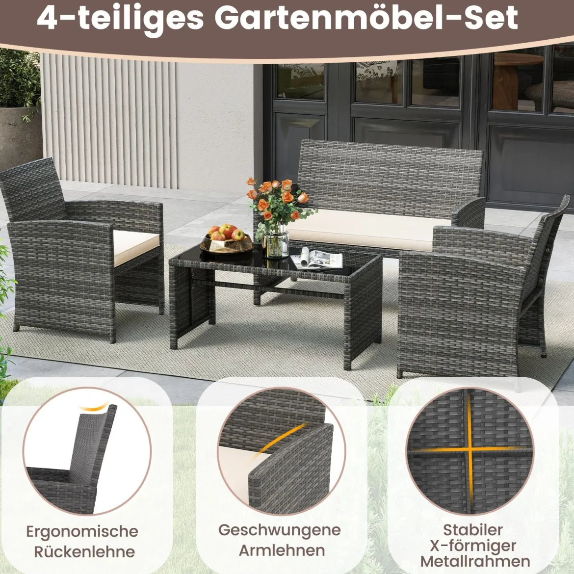 4-teiliges Gartenmöbel Set Gesprächsset inkl. Rattanstuhl Loveseat & Tisch Balkonmöbel Set Beige