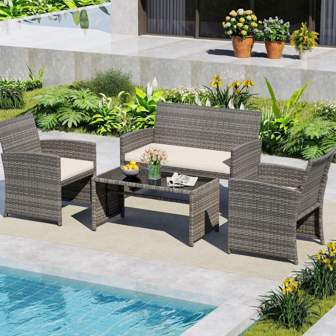 4-teiliges Gartenmöbel Set Gesprächsset inkl. Rattanstuhl Loveseat & Tisch Balkonmöbel Set Beige