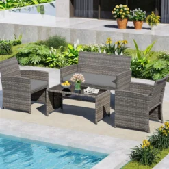 4-teiliges Gartenmöbel Set Gesprächsset inkl. Rattanstuhl Loveseat & Tisch Balkonmöbel Set Grau