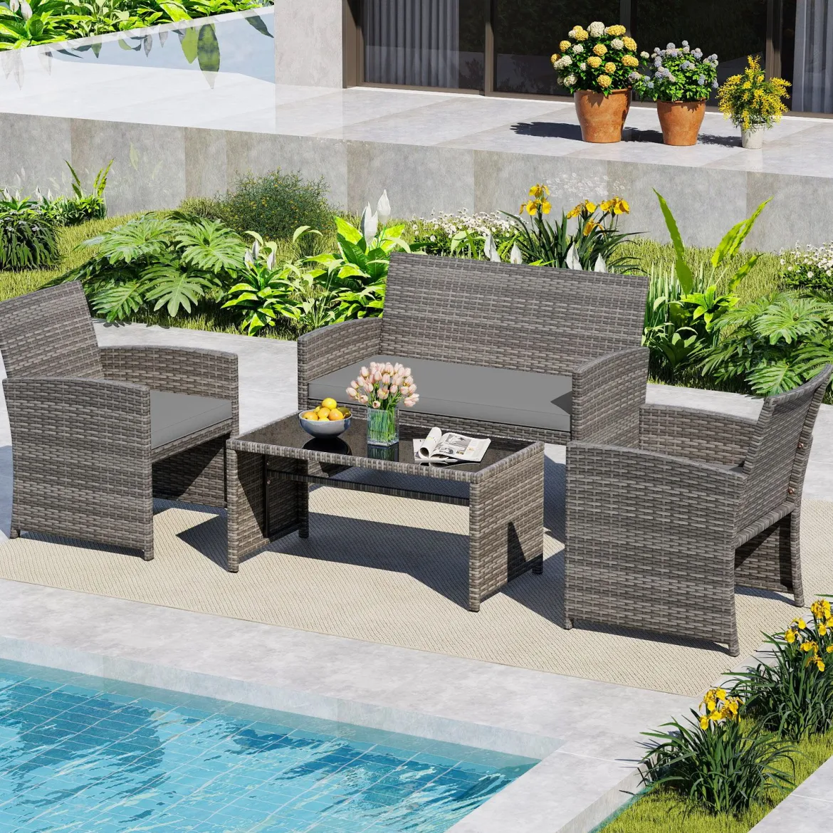 4-teiliges Gartenmöbel Set Gesprächsset inkl. Rattanstuhl Loveseat & Tisch Balkonmöbel Set Grau