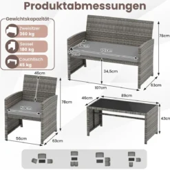 4-teiliges Gartenmöbel Set Gesprächsset inkl. Rattanstuhl Loveseat & Tisch Balkonmöbel Set Grau