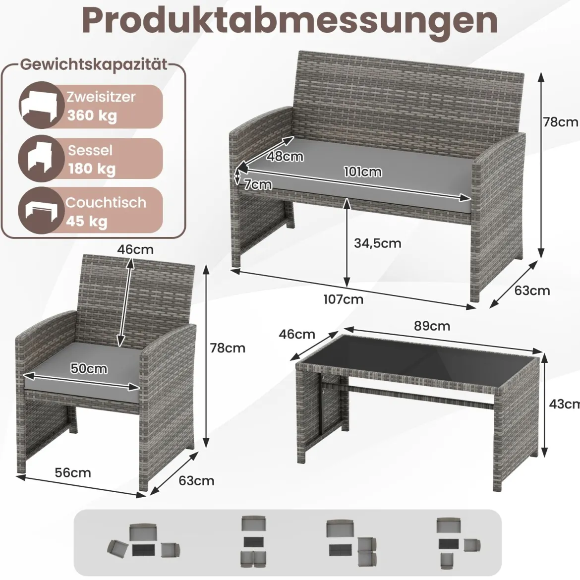 4-teiliges Gartenmöbel Set Gesprächsset inkl. Rattanstuhl Loveseat & Tisch Balkonmöbel Set Grau