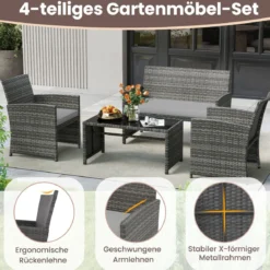 4-teiliges Gartenmöbel Set Gesprächsset inkl. Rattanstuhl Loveseat & Tisch Balkonmöbel Set Grau