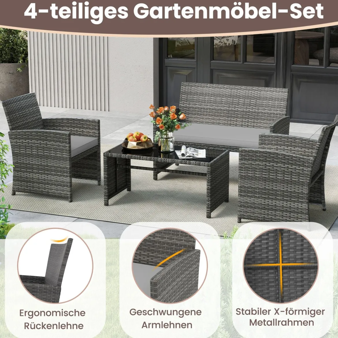 4-teiliges Gartenmöbel Set Gesprächsset inkl. Rattanstuhl Loveseat & Tisch Balkonmöbel Set Grau