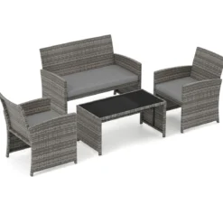 4-teiliges Gartenmöbel Set Gesprächsset inkl. Rattanstuhl Loveseat & Tisch Balkonmöbel Set Grau