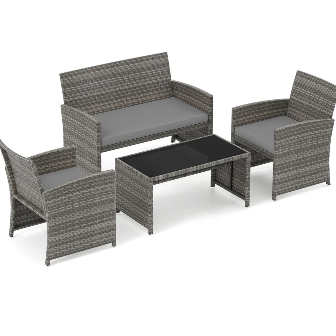 4-teiliges Gartenmöbel Set Gesprächsset inkl. Rattanstuhl Loveseat & Tisch Balkonmöbel Set Grau
