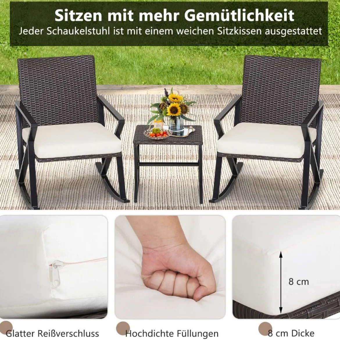 3-Teiliges Gartenmöbel-Set Handgewebte Schaukelstühle & Beistelltisch