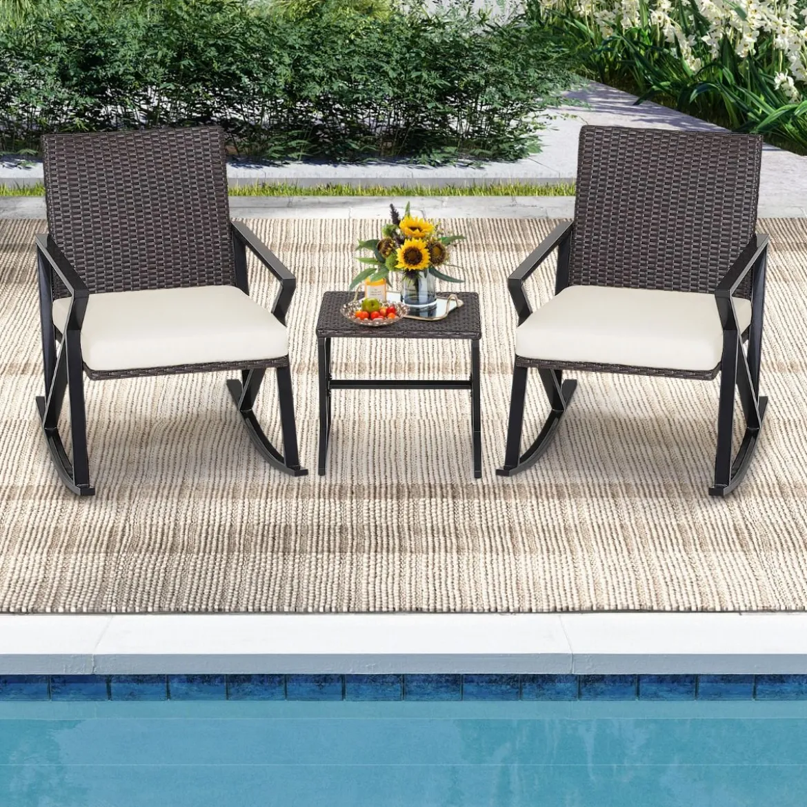 3-Teiliges Gartenmöbel-Set Handgewebte Schaukelstühle & Beistelltisch
