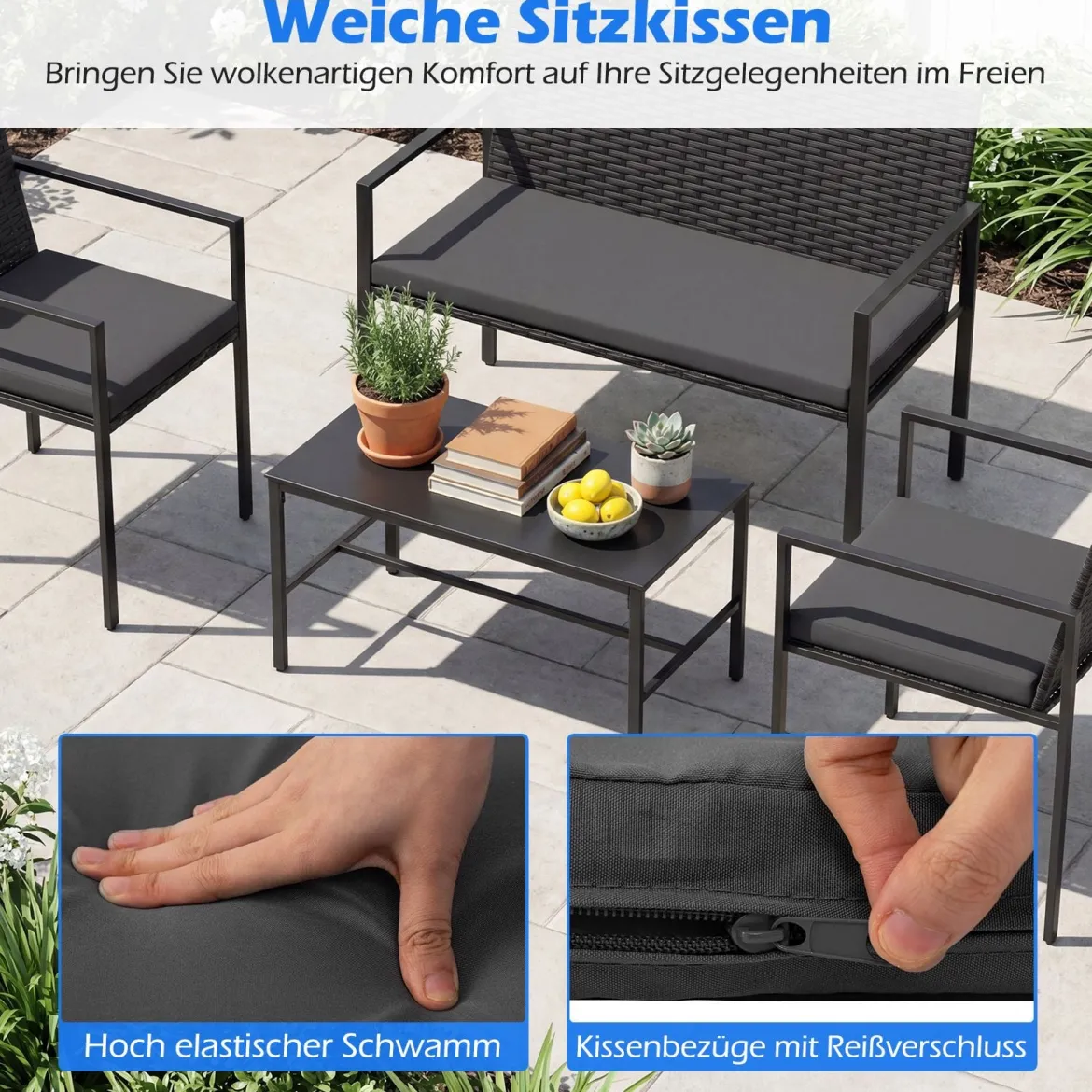 4-teiliges Gartenmöbel-Set Outdoor Rattan Stühle & Loveseat mit gehärtetem Glas-Couchtisch Grau