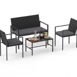 4-teiliges Gartenmöbel-Set Outdoor Rattan Stühle & Loveseat mit gehärtetem Glas-Couchtisch Grau