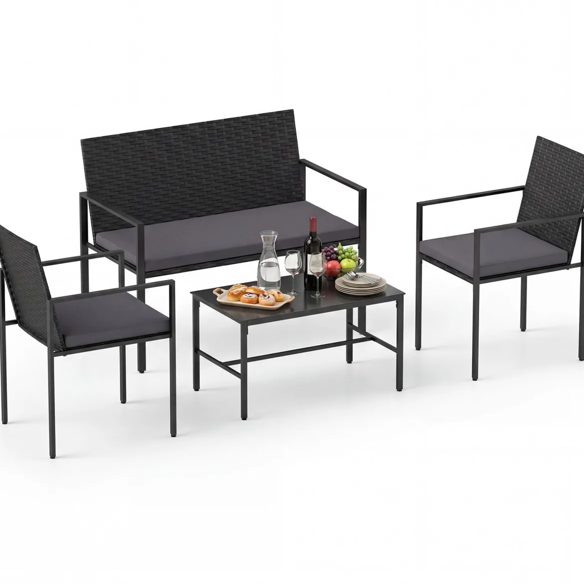 4-teiliges Gartenmöbel-Set Outdoor Rattan Stühle & Loveseat mit gehärtetem Glas-Couchtisch Grau