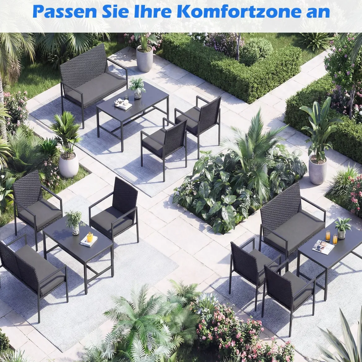 4-teiliges Gartenmöbel-Set Outdoor Rattan Stühle & Loveseat mit gehärtetem Glas-Couchtisch Grau