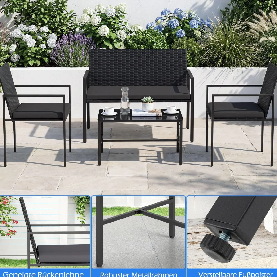 4-teiliges Gartenmöbel-Set Outdoor Rattan Stühle & Loveseat mit gehärtetem Glas-Couchtisch Grau