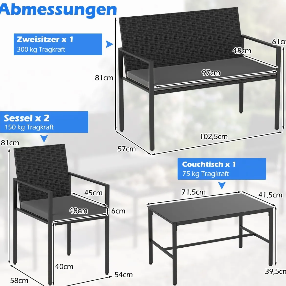 4-teiliges Gartenmöbel-Set Outdoor Rattan Stühle & Loveseat mit gehärtetem Glas-Couchtisch Grau