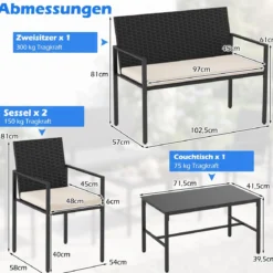 4-teiliges Gartenmöbel-Set Outdoor Rattan Stühle & Loveseat mit gehärtetem Glas-Couchtisch Beige