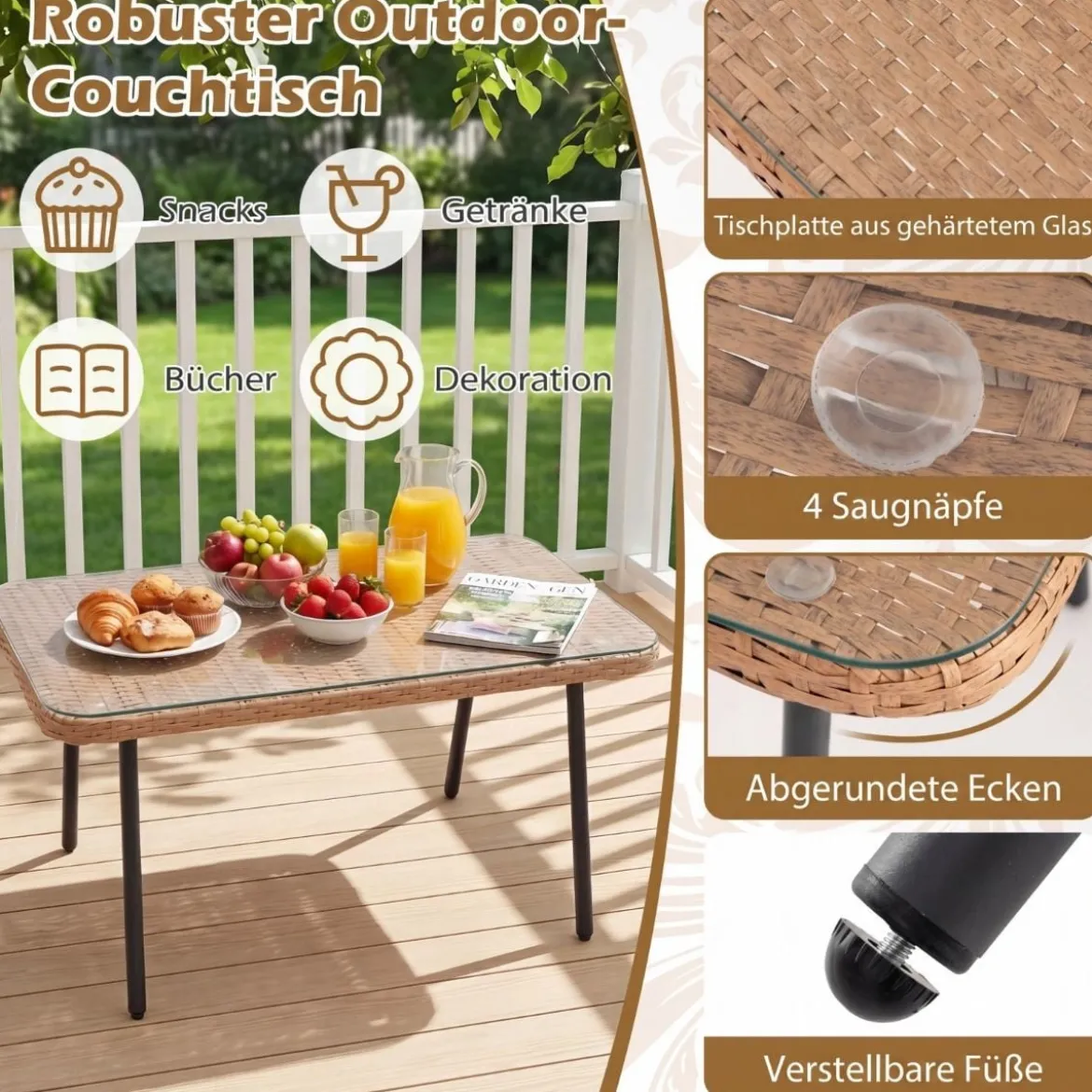 3-Teiliges Gartenmöbel Set Outdoor L-förmiges Sofa mit Couchtisch Rattan Sitzgruppe mit Metallrahmen