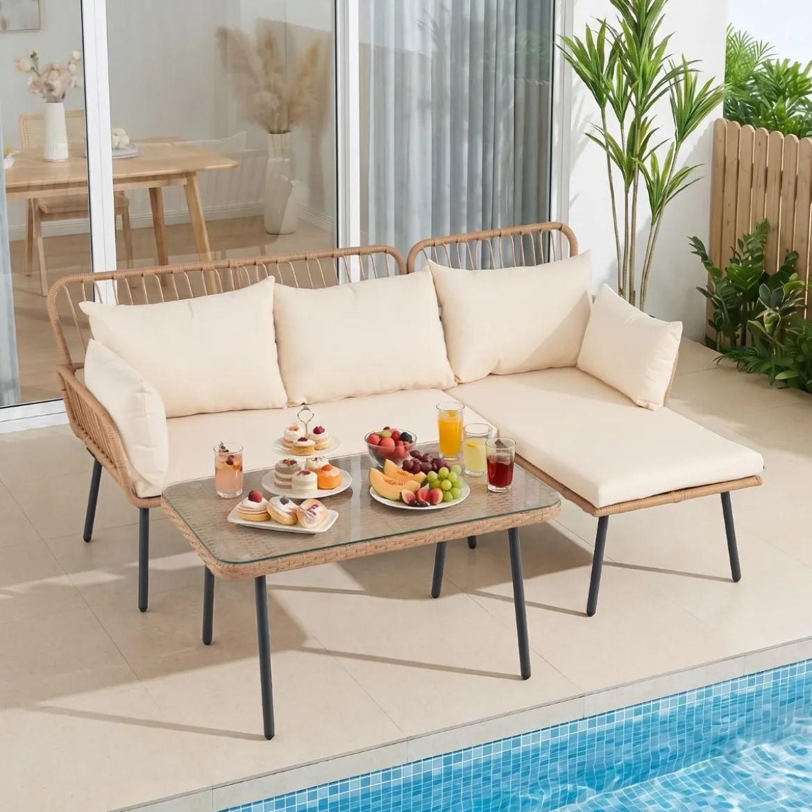 3-Teiliges Gartenmöbel Set Outdoor L-förmiges Sofa mit Couchtisch Rattan Sitzgruppe mit Metallrahmen