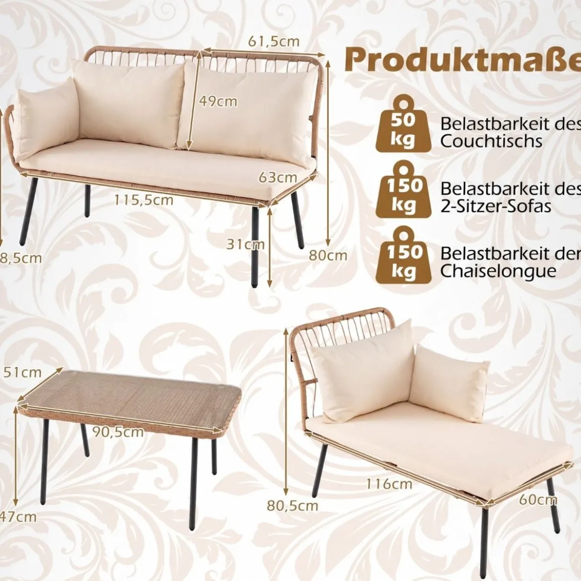 3-Teiliges Gartenmöbel Set Outdoor L-förmiges Sofa mit Couchtisch Rattan Sitzgruppe mit Metallrahmen