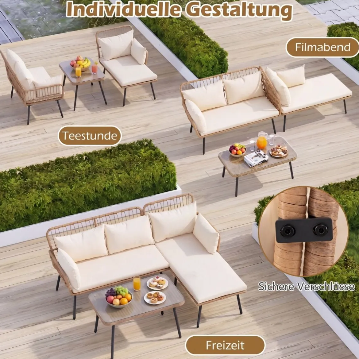 3-Teiliges Gartenmöbel Set Outdoor L-förmiges Sofa mit Couchtisch Rattan Sitzgruppe mit Metallrahmen