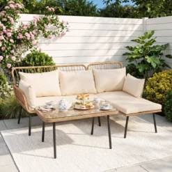 3-Teiliges Gartenmöbel Set Outdoor L-förmiges Sofa mit Couchtisch Rattan Sitzgruppe mit Metallrahmen