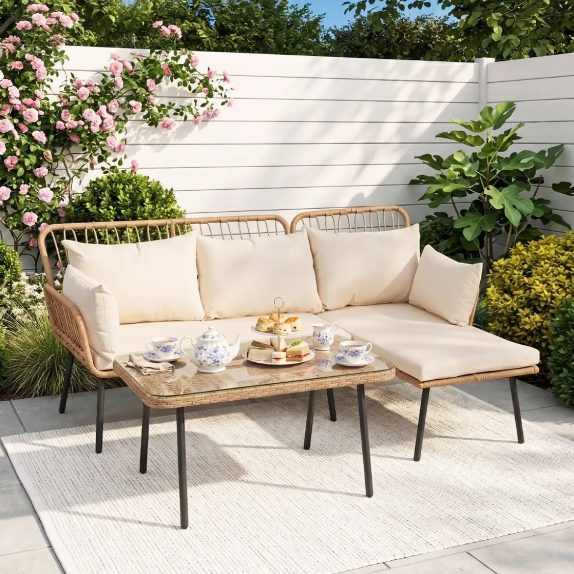 3-Teiliges Gartenmöbel Set Outdoor L-förmiges Sofa mit Couchtisch Rattan Sitzgruppe mit Metallrahmen
