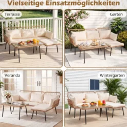 3-Teiliges Gartenmöbel Set Outdoor L-förmiges Sofa mit Couchtisch Rattan Sitzgruppe mit Metallrahmen