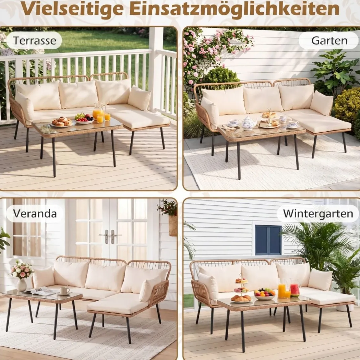 3-Teiliges Gartenmöbel Set Outdoor L-förmiges Sofa mit Couchtisch Rattan Sitzgruppe mit Metallrahmen