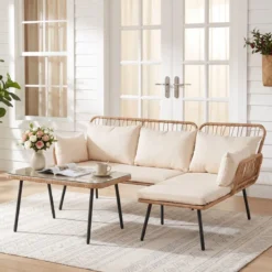 3-Teiliges Gartenmöbel Set Outdoor L-förmiges Sofa mit Couchtisch Rattan Sitzgruppe mit Metallrahmen