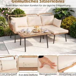 3-Teiliges Gartenmöbel Set Outdoor L-förmiges Sofa mit Couchtisch Rattan Sitzgruppe mit Metallrahmen