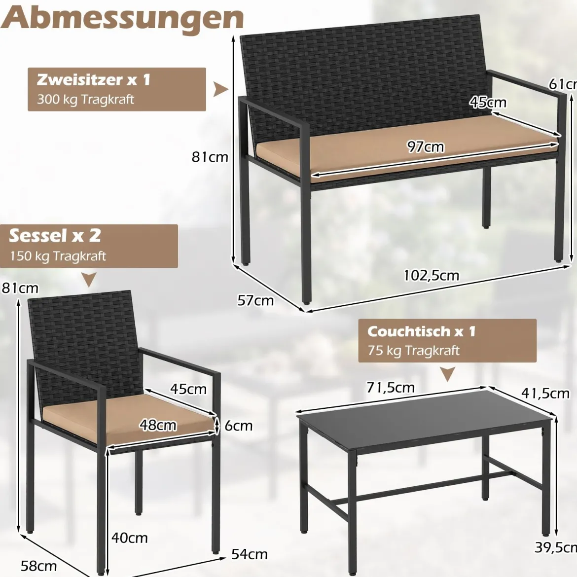 4-teiliges Gartenmöbel-Set Outdoor Rattan Stühle & Loveseat mit gehärtetem Glas-Couchtisch Braun