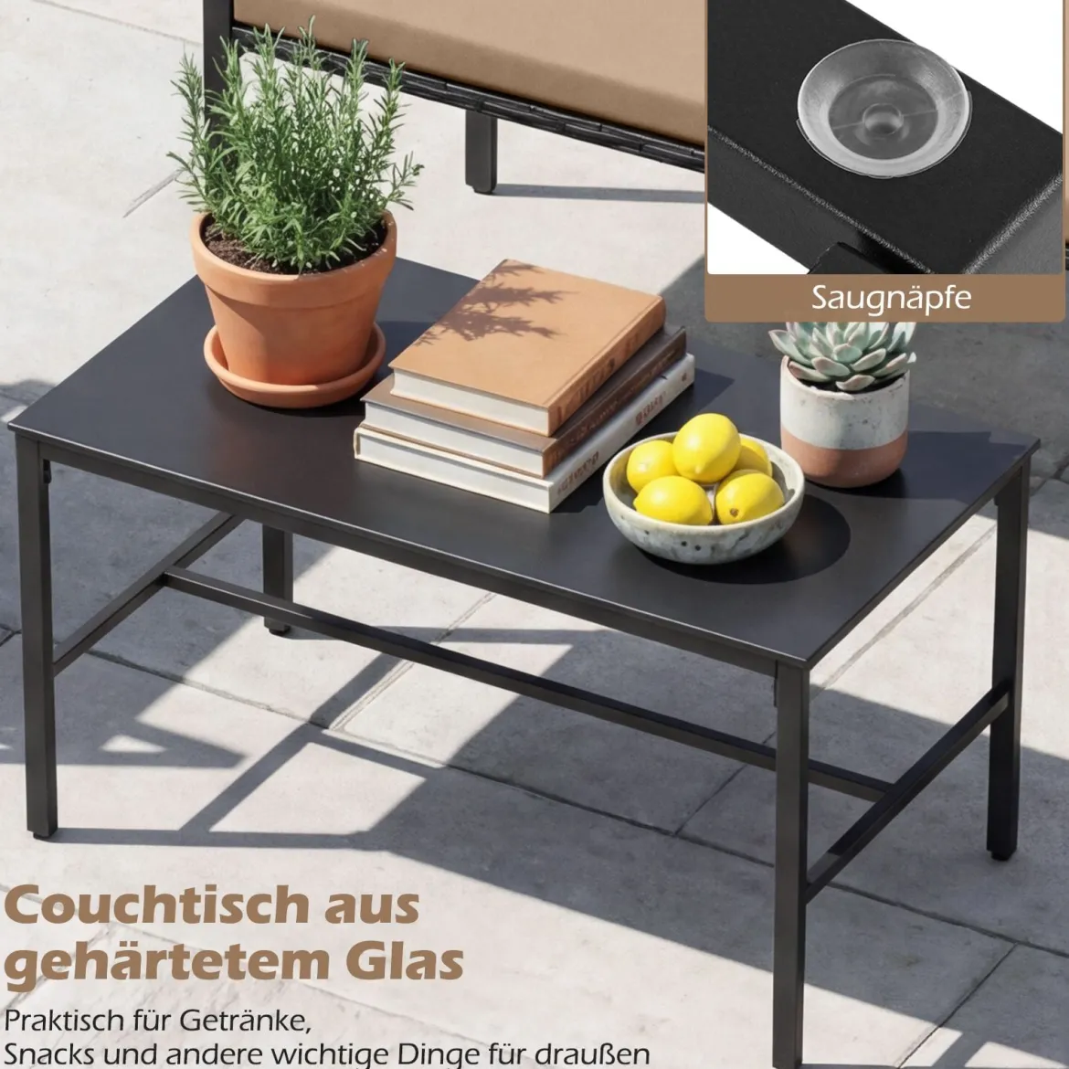 4-teiliges Gartenmöbel-Set Outdoor Rattan Stühle & Loveseat mit gehärtetem Glas-Couchtisch Braun