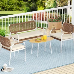 4-teiliges Gartenmöbel-Set PE-Rattan Zweisitzer & 2 Sessel mit weichen Sitzkissen Tisch mit Sicherheitsglas Beige