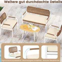 4-teiliges Gartenmöbel-Set PE-Rattan Zweisitzer & 2 Sessel mit weichen Sitzkissen Tisch mit Sicherheitsglas Beige