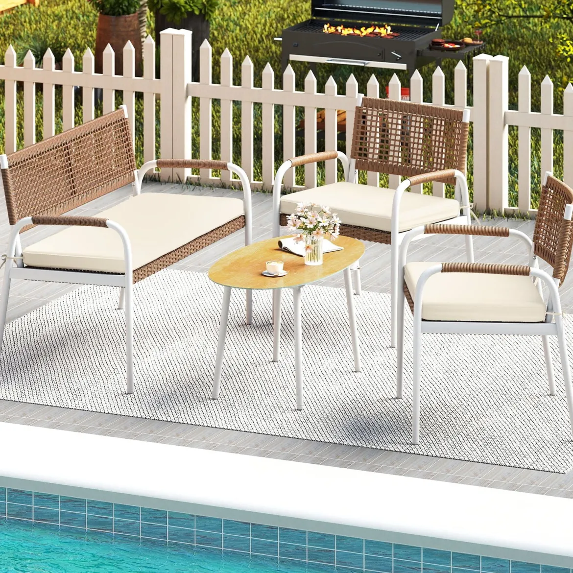 4-teiliges Gartenmöbel-Set PE-Rattan Zweisitzer & 2 Sessel mit weichen Sitzkissen Tisch mit Sicherheitsglas Beige