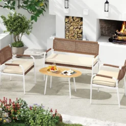 4-teiliges Gartenmöbel-Set PE-Rattan Zweisitzer & 2 Sessel mit weichen Sitzkissen Tisch mit Sicherheitsglas Beige