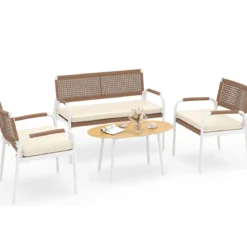 4-teiliges Gartenmöbel-Set PE-Rattan Zweisitzer & 2 Sessel mit weichen Sitzkissen Tisch mit Sicherheitsglas Beige