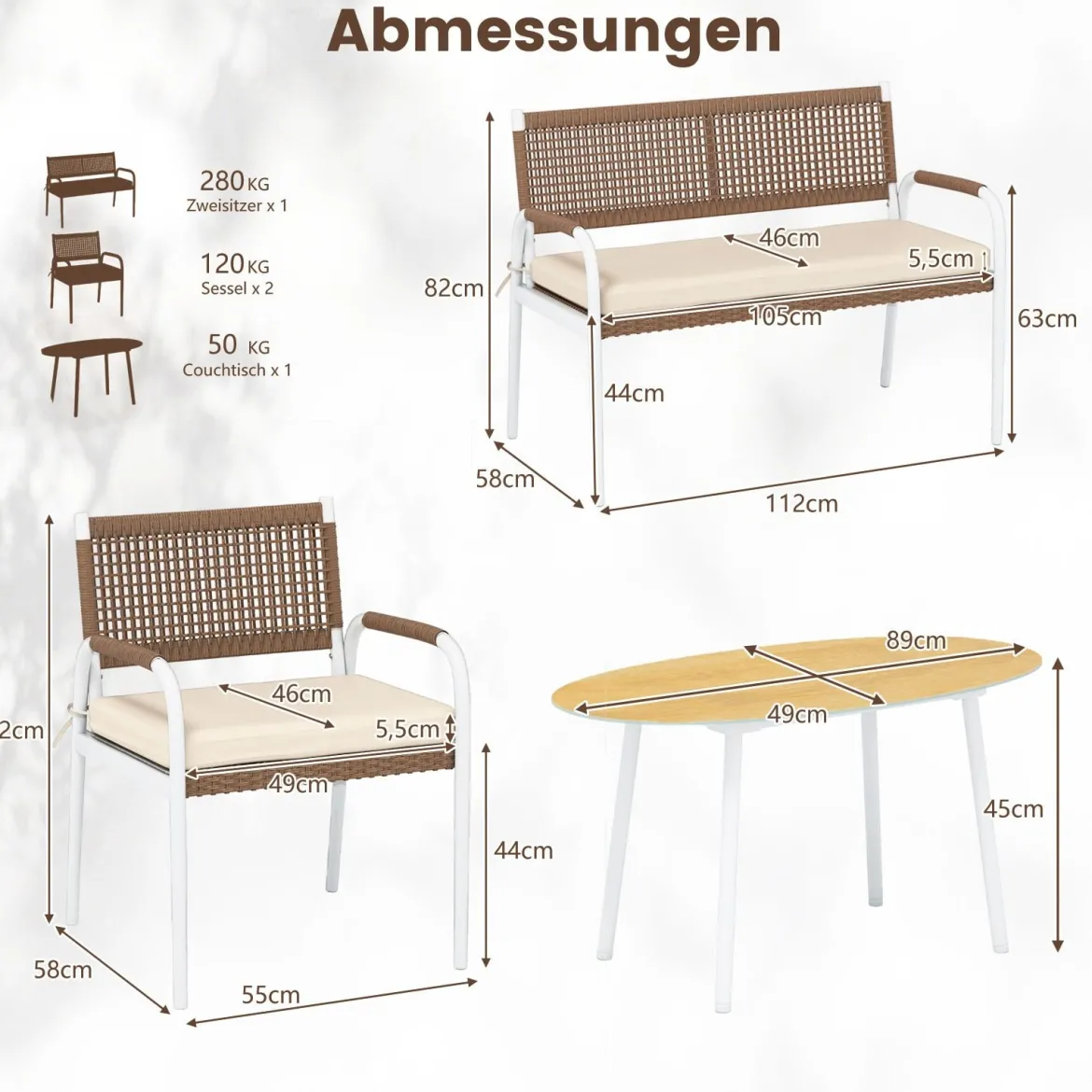 4-teiliges Gartenmöbel-Set PE-Rattan Zweisitzer & 2 Sessel mit weichen Sitzkissen Tisch mit Sicherheitsglas Beige