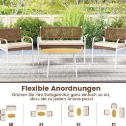 4-teiliges Gartenmöbel-Set PE-Rattan Zweisitzer & 2 Sessel mit weichen Sitzkissen Tisch mit Sicherheitsglas Beige