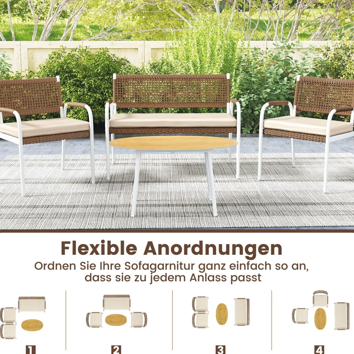 4-teiliges Gartenmöbel-Set PE-Rattan Zweisitzer & 2 Sessel mit weichen Sitzkissen Tisch mit Sicherheitsglas Beige