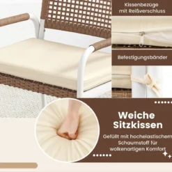 4-teiliges Gartenmöbel-Set PE-Rattan Zweisitzer & 2 Sessel mit weichen Sitzkissen Tisch mit Sicherheitsglas Beige