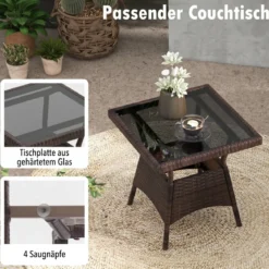 3-Teiliges Gartenmöbel-Set 2 Rattan Schaukelstühlen mit Glastisch Outdoor Sitzgruppe mit Metallrahmen