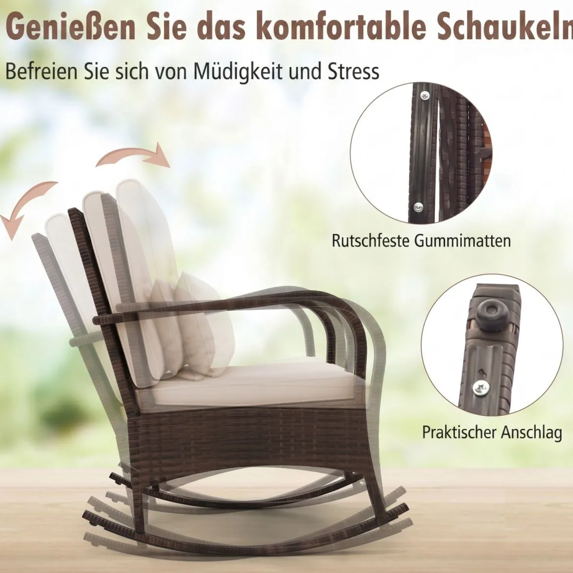 3-Teiliges Gartenmöbel-Set 2 Rattan Schaukelstühlen mit Glastisch Outdoor Sitzgruppe mit Metallrahmen